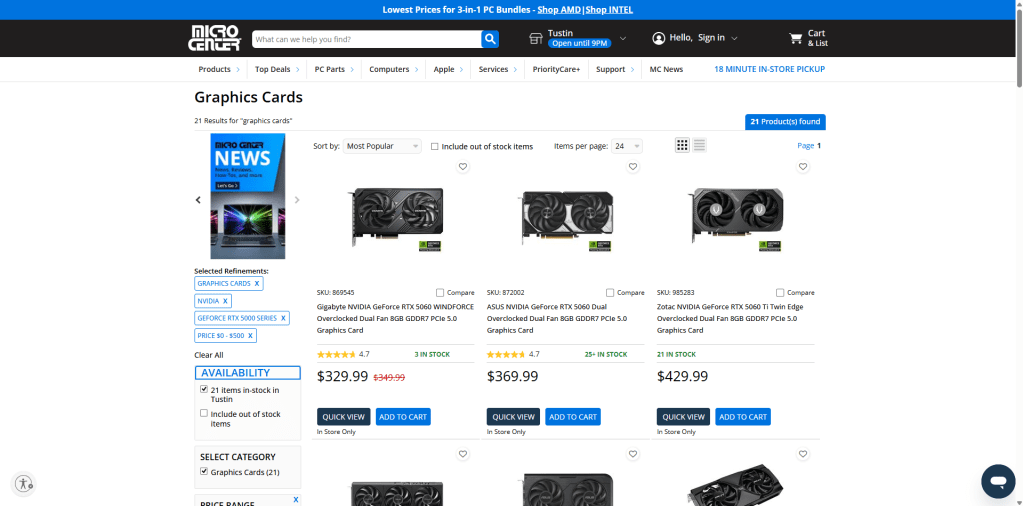 microcenter budget GPU listings