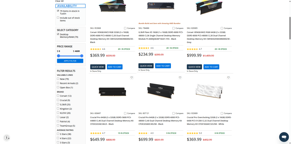 Microcenter DDR5 RAM listing and price