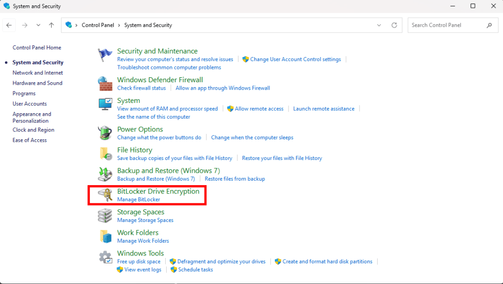 windows 11 bitlocker manager in control panel