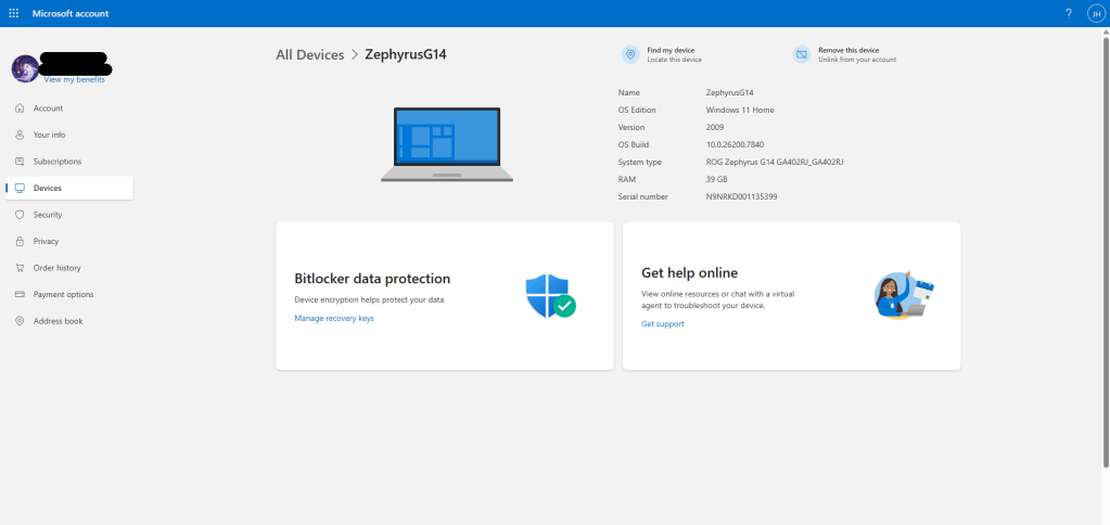 microsoft account device bitlocker settings