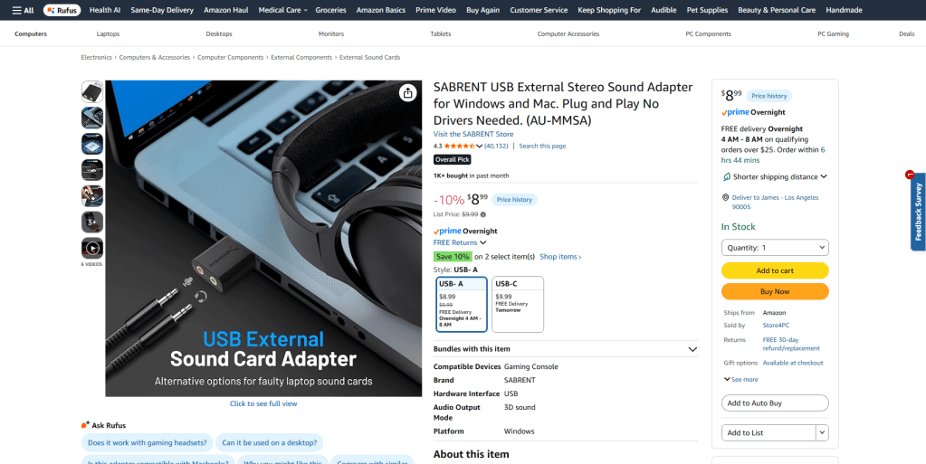 Amazon usb audio page Sabrent