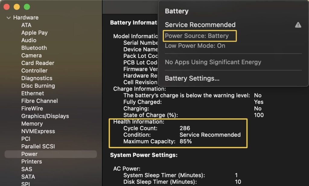 MacOS battery service recommended warning