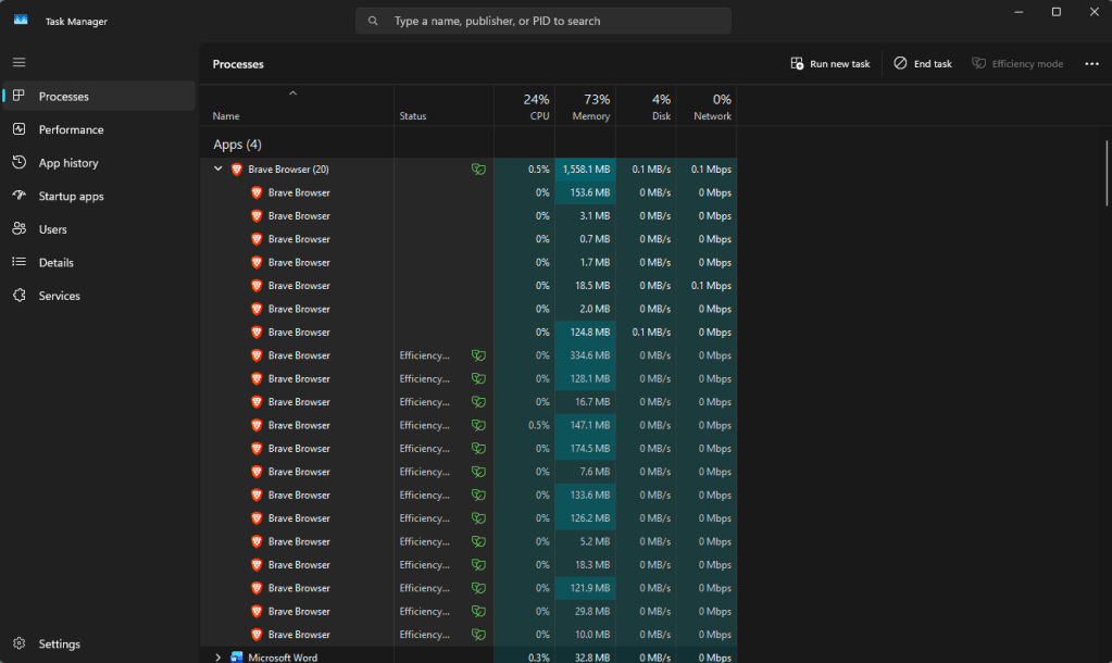 Windows 11 task manager showing Brave Browser ram utilization processes