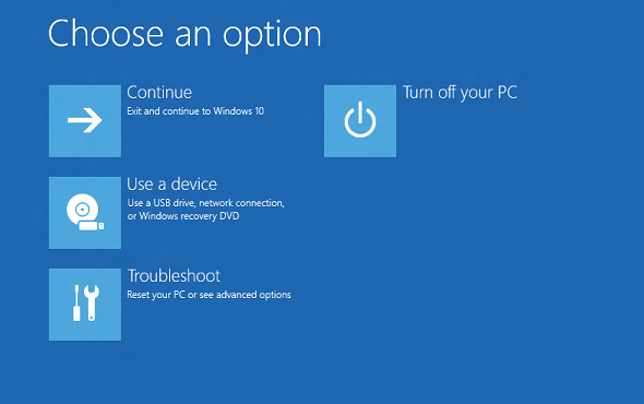 windows 10 recovery environment screen with troubleshooting options