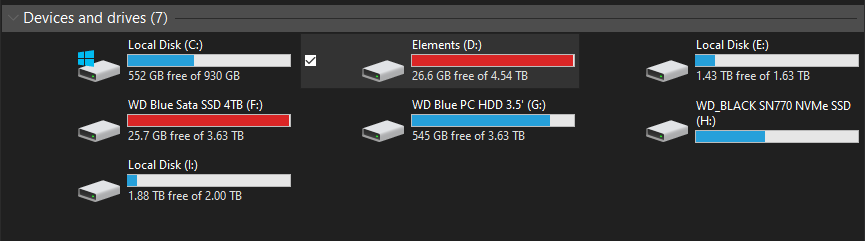 multiple drives showcased in Windows File explorer, some are near full capacity and some are less than half capacity