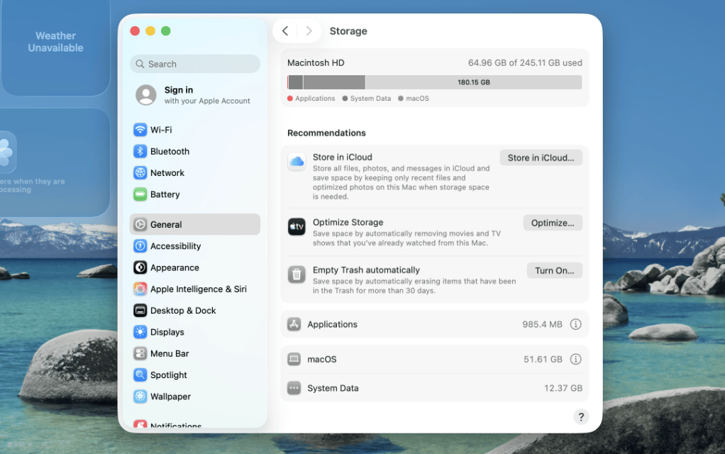 MacOS Tahoe disk storage window showing capacity left over and what is being occupied inside