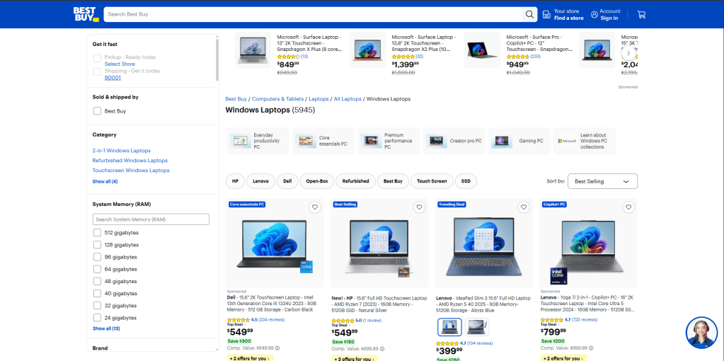Best Buy website windows laptops page showcasing a wide range of laptops with varying prices