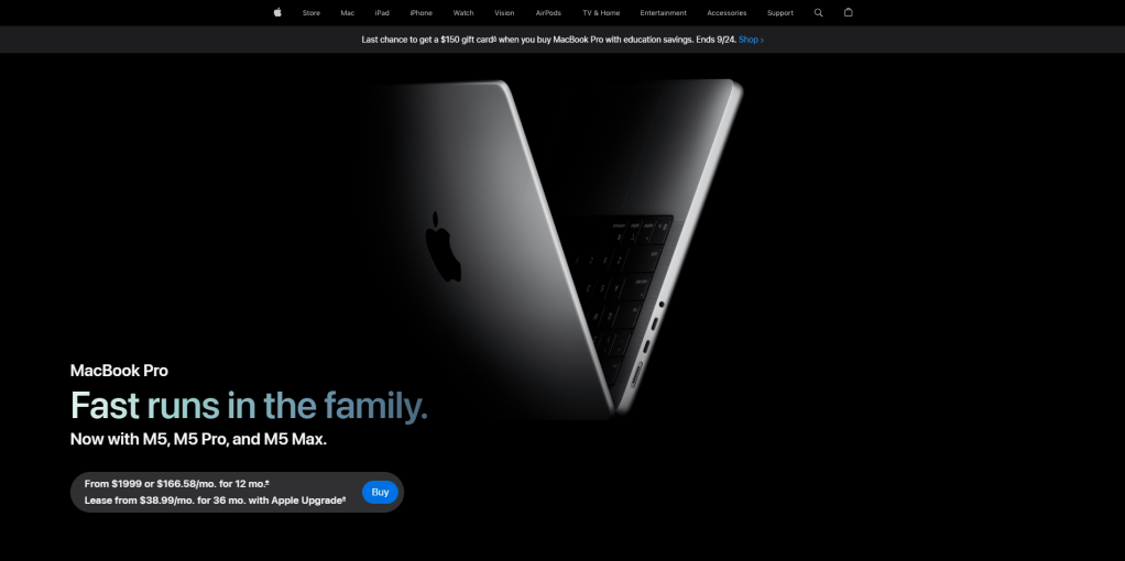 Macbook Pro M5 displayed on Apple's website