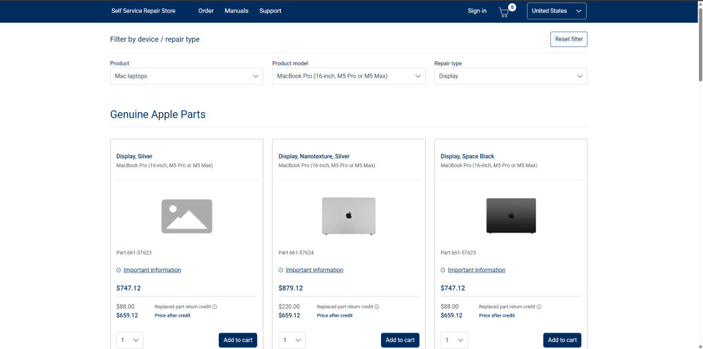 Apple self service repair store website, showing Macbook Pro M5 screen prices