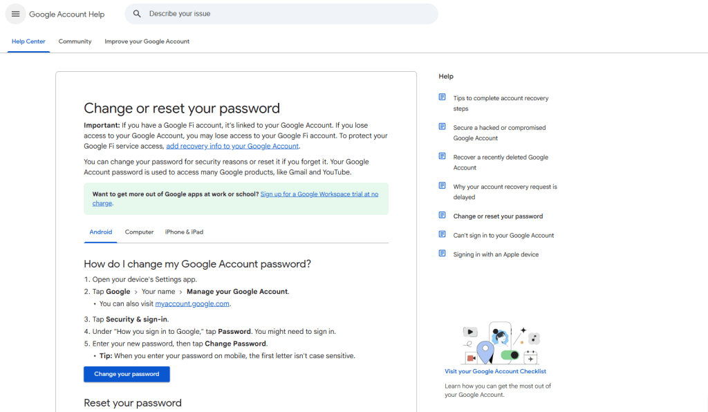 Google article on how to change password on an android device