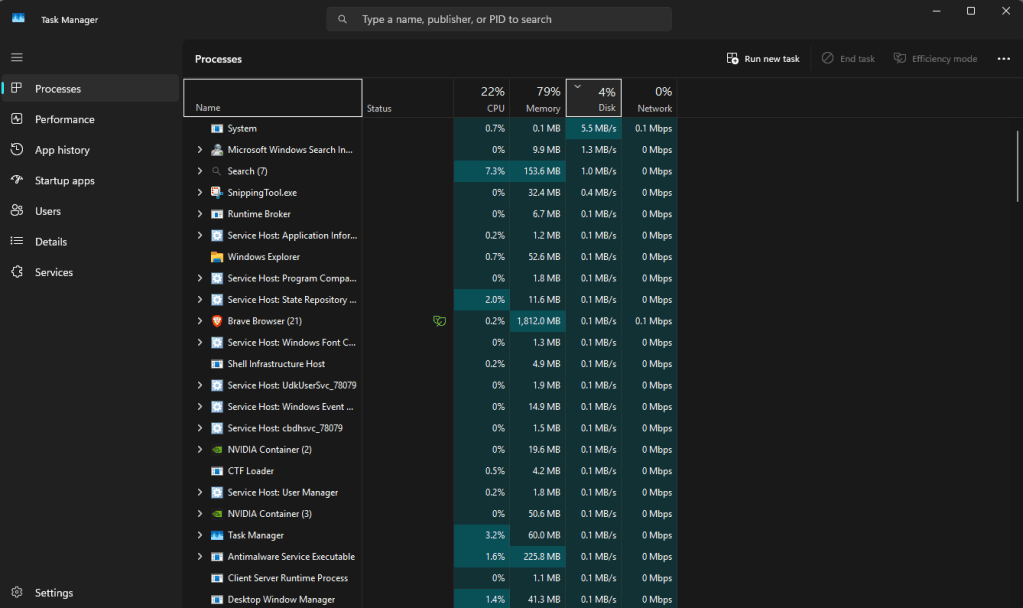 Windows 11 task manager showing processes based on disk utilization